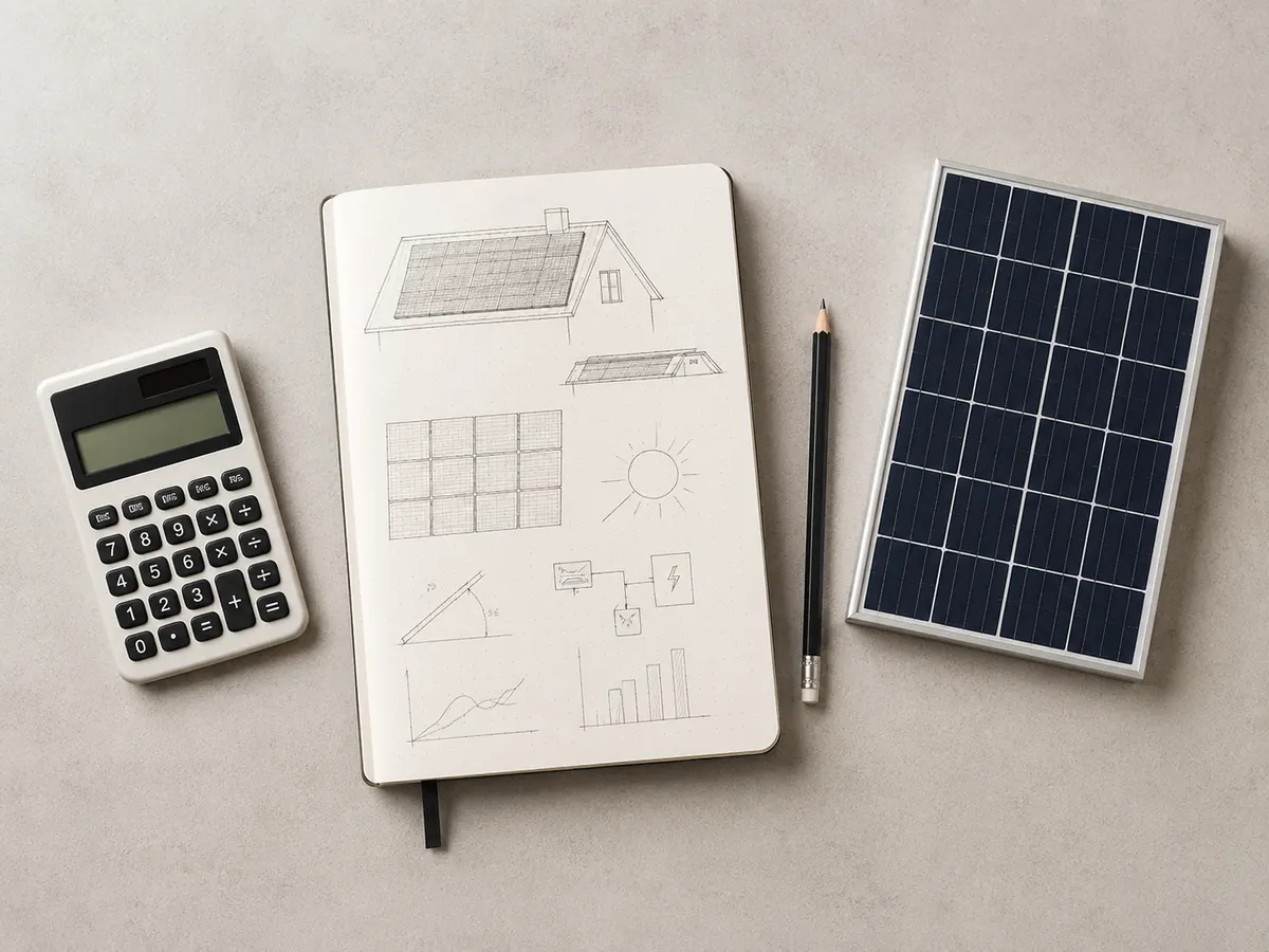 Taschenrechner und Solar-Skizzen für PV-Berechnung