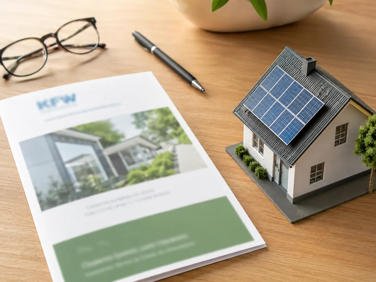 KfW-Broschüre und Hausmodell mit Solaranlage