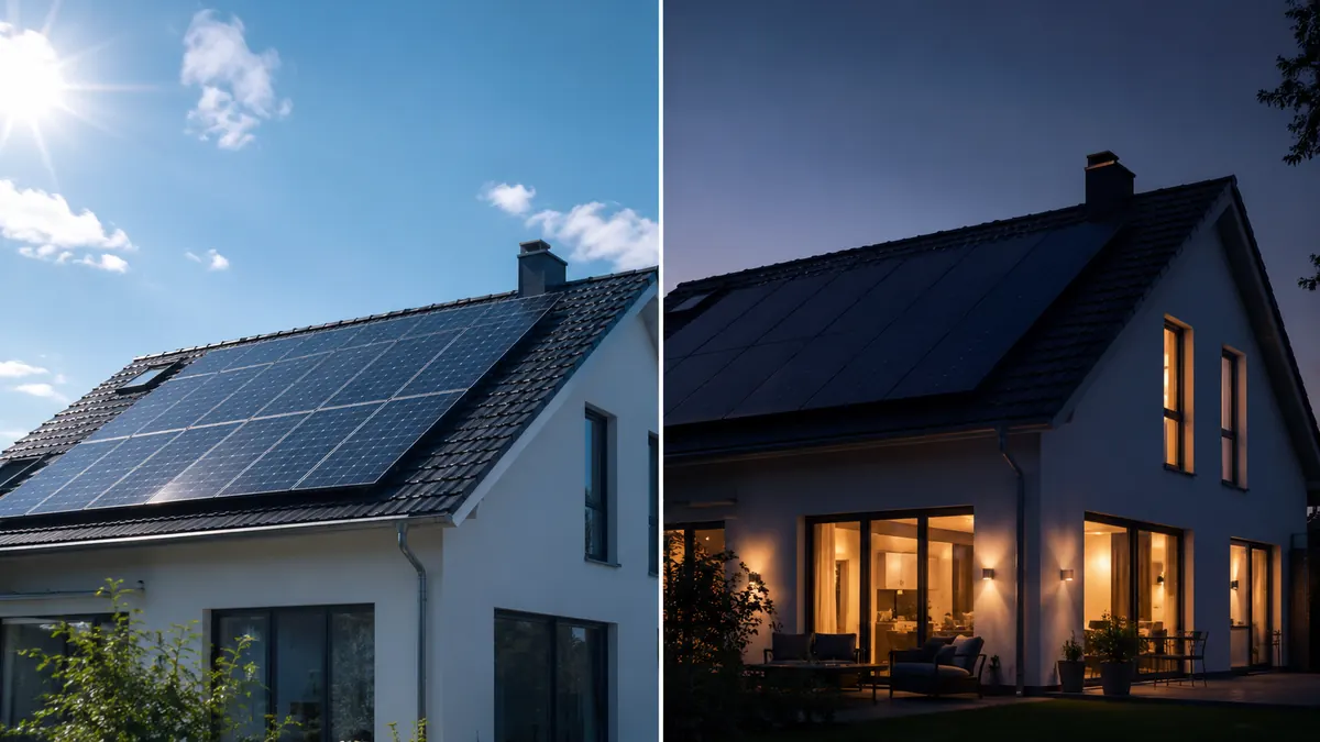 Haus mit Solaranlage tagsüber und nachts beleuchtet
